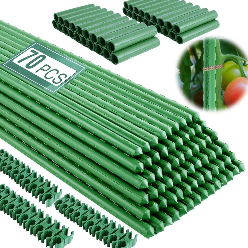 Fabulas Garden Stakes 16 Inch 70 Pack, Diy 4ft 5ft 6ft 7ft 8ft Tomato Stakes Plastic Coated Metal Plant Sticks Stakes Supports with 40 Connectors 30 Rotatable Clips for Indoor Outdoor Plants Vegetable - Image 1